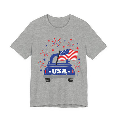 Patriotic USA Tee — Vintage Truck with American Flag & Fireworks, Sizes S–3XL