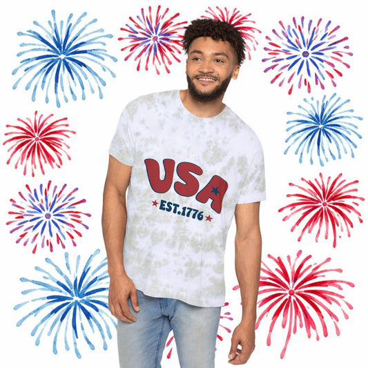 USA Est. 1776 Tie-Dye T-Shirt — Retro Patriotic Summer Tee, Sizes XS–XL