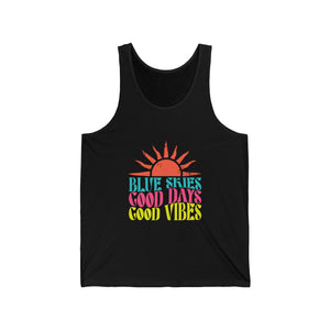 Good Vibes Tank Top — "Blue Skies Good Days" Retro Sun Graphic, Sizes XS–2XL