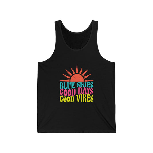 Good Vibes Tank Top — "Blue Skies Good Days" Retro Sun Graphic, Sizes XS–2XL