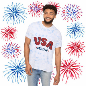 USA Est. 1776 Tie-Dye T-Shirt — Retro Patriotic Summer Tee, Sizes XS–XL
