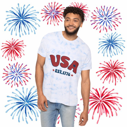 USA Est. 1776 Tie-Dye T-Shirt — Retro Patriotic Summer Tee, Sizes XS–XL