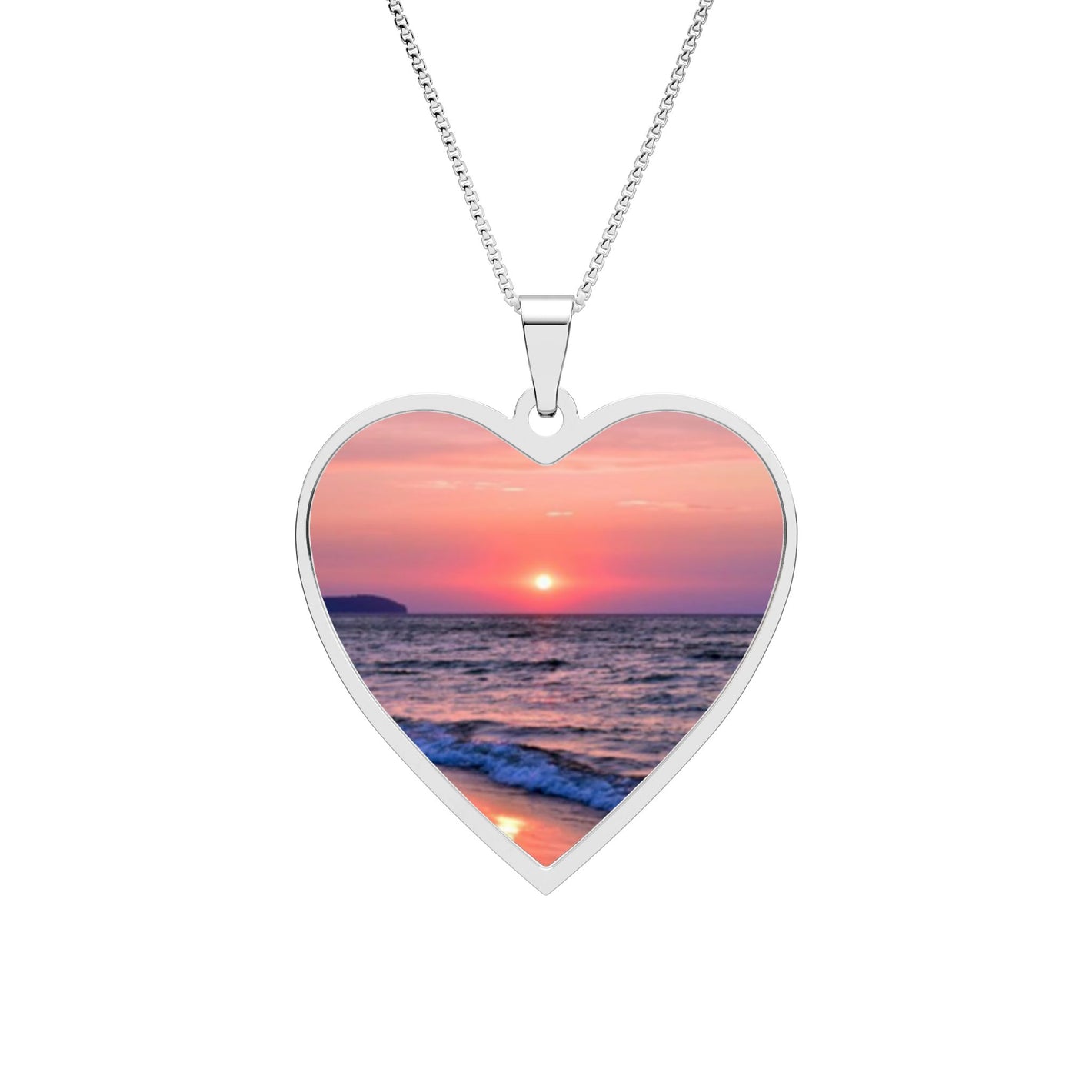 Heart Photo Pendant — Personalized Beach Sunset Necklace, Memory Frame Jewelry