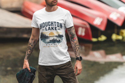 Houghton Lake Michigan Sunset Canoe T-Shirt — "Life Is Better at the Lake"