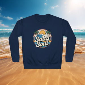 Salty Soul Sweatshirt — Vintage Beach Sunset Palm Crewneck, Sizes S–3XL