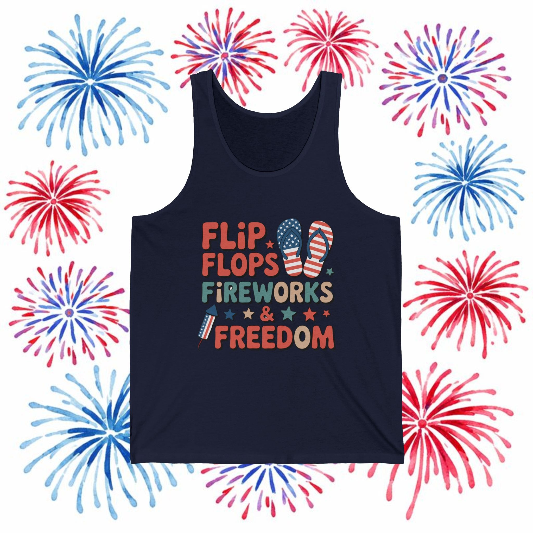 Flip Flops Fireworks Freedom Tank Top — Patriotic 4th of July Summer Graphic Tank