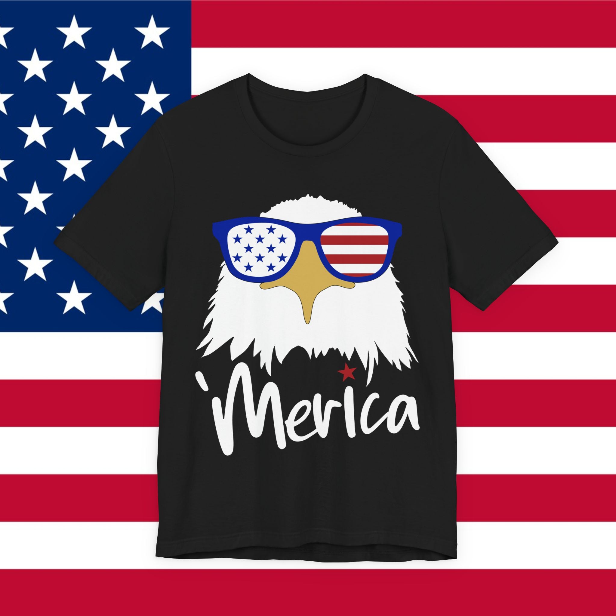 'Merica Eagle T-Shirt – Patriotic Bald Eagle with American Flag Sunglasses