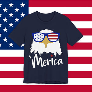 'Merica Eagle T-Shirt — Bald Eagle with American Flag Sunglasses, Sizes XS–3XL