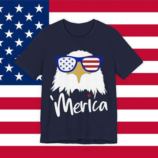 'Merica Eagle T-Shirt — Bald Eagle with American Flag Sunglasses, Sizes XS–3XL