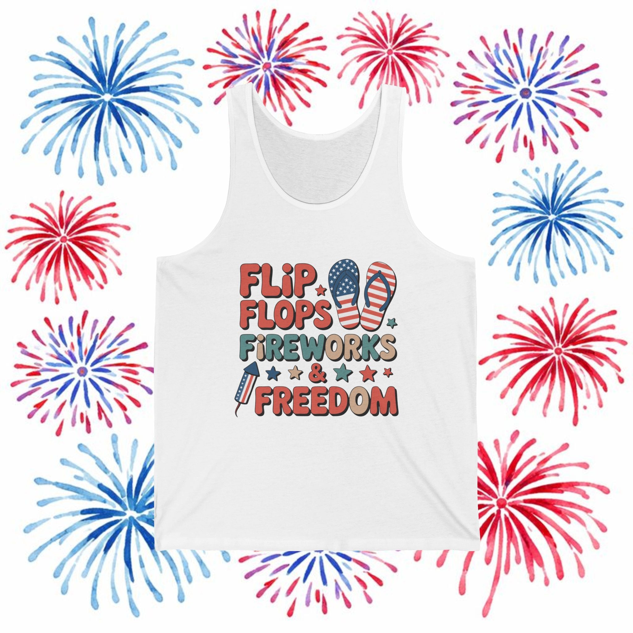 Flip Flops Fireworks Freedom Tank Top — Patriotic 4th of July Summer Graphic Tank