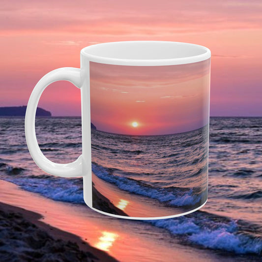 Sunset Photo Ceramic Mug — Coastal Glossy Print, 11oz & 15oz