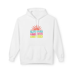Good Vibes Hoodie — "Blue Skies Good Days" Retro Sun Pullover, Sizes S–5XL