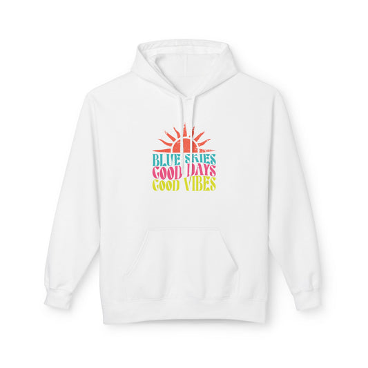 Good Vibes Hoodie — "Blue Skies Good Days" Retro Sun Pullover, Sizes S–5XL