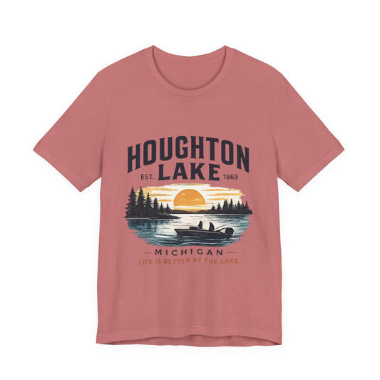 Houghton Lake Michigan Sunset Canoe T-Shirt — "Life Is Better at the Lake"