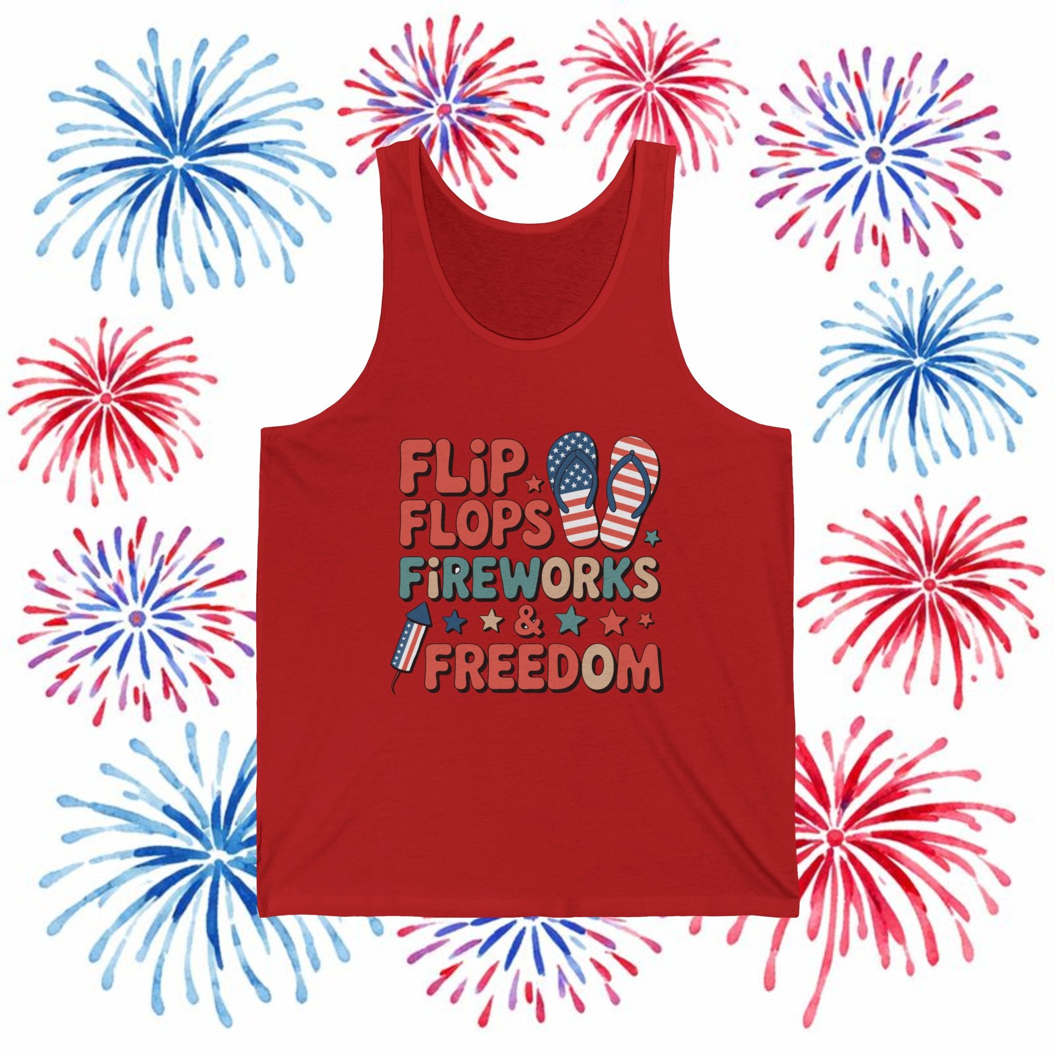 Flip Flops Fireworks Freedom Tank Top — Patriotic 4th of July Summer Graphic Tank